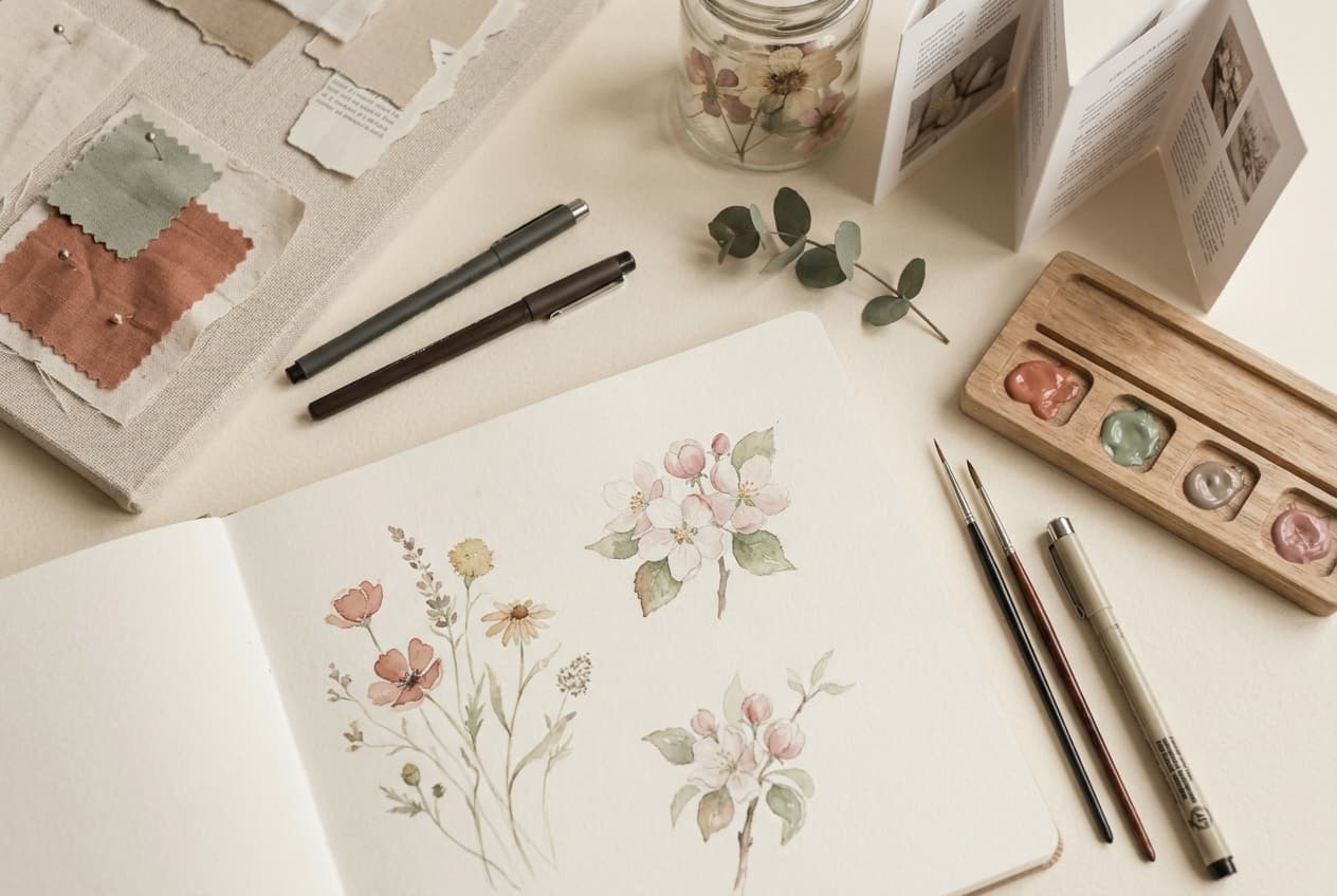 Atelier von Katrin Lampé — Aquarellfarben, Skizzenbuch, Pinsel