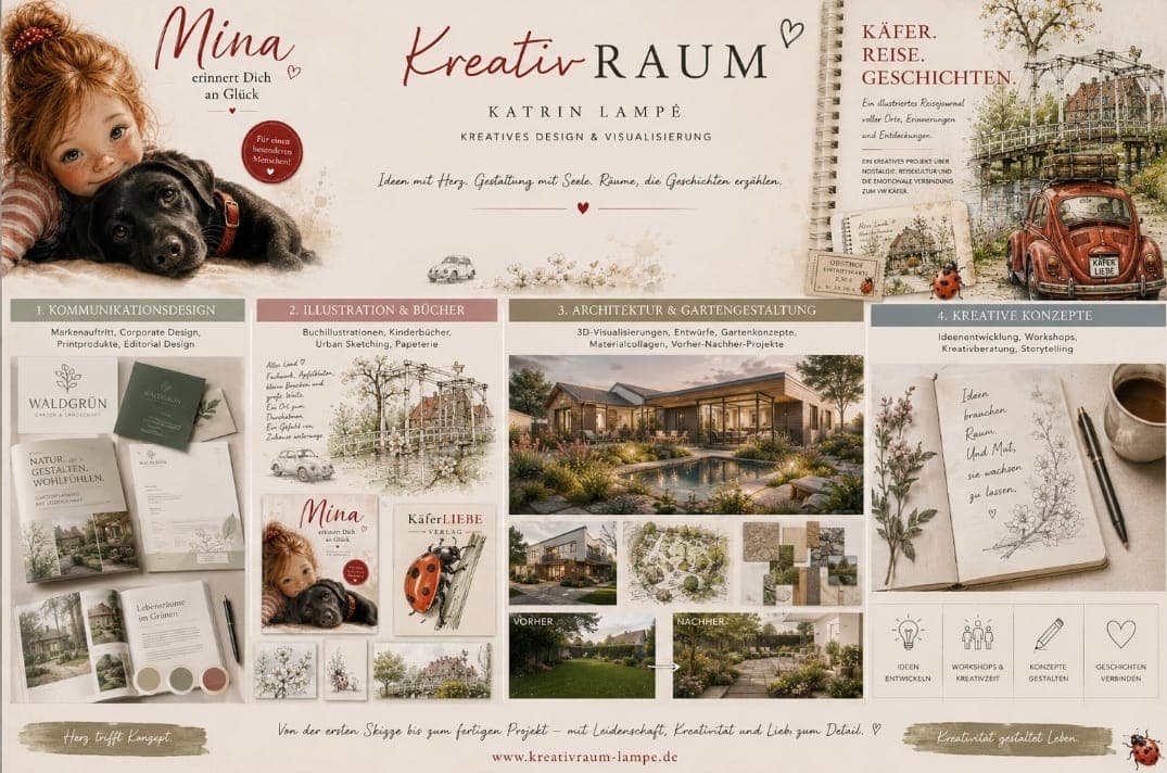 KreativRAUM Übersicht — Kommunikationsdesign, Illustration, Architektur & Garten, Kreative Konzepte